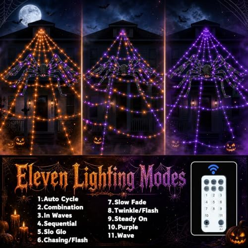 Halloween Decorations Outdoor Spider Web Lights - 550 LEDs Purple and Orange Remote Control Timer Plug in Giant Halloween Decor Cobwebs - 11 Modes Lighting Waterproof Yard Garden Party Decorations