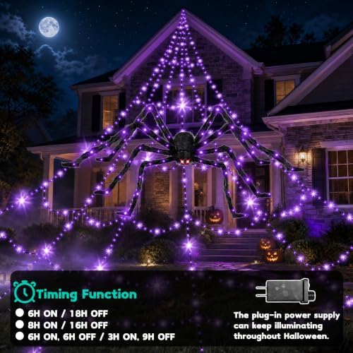Halloween Decorations Outdoor Spider Web Lights - 550 LEDs Purple and Orange Remote Control Timer Plug in Giant Halloween Decor Cobwebs - 11 Modes Lighting Waterproof Yard Garden Party Decorations