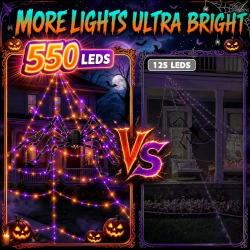 Halloween Decorations Outdoor Spider Web Lights - 550 LEDs Purple and Orange Remote Control Timer Plug in Giant Halloween Decor Cobwebs - 11 Modes Lighting Waterproof Yard Garden Party Decorations