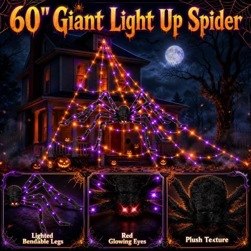 Halloween Decorations Outdoor Spider Web Lights - 550 LEDs Purple and Orange Remote Control Timer Plug in Giant Halloween Decor Cobwebs - 11 Modes Lighting Waterproof Yard Garden Party Decorations