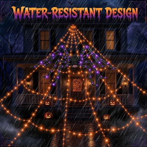 Halloween Decorations Outdoor Spider Web Lights - 550 LEDs Purple and Orange Remote Control Timer Plug in Giant Halloween Decor Cobwebs - 11 Modes Lighting Waterproof Yard Garden Party Decorations