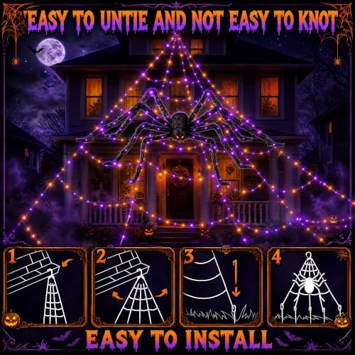 Halloween Decorations Outdoor Spider Web Lights - 550 LEDs Purple and Orange Remote Control Timer Plug in Giant Halloween Decor Cobwebs - 11 Modes Lighting Waterproof Yard Garden Party Decorations