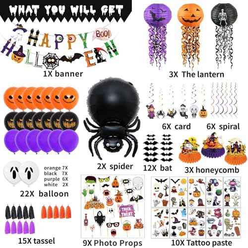 93Pcs Halloween Party Decorations, Halloween Birthday Party Decorations Set Including Banner Wire Lanterns Glow Tattoos Photo Props Spiders Balloons Hanging Swirls Bats Tassels