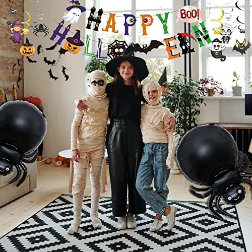 93Pcs Halloween Party Decorations, Halloween Birthday Party Decorations Set Including Banner Wire Lanterns Glow Tattoos Photo Props Spiders Balloons Hanging Swirls Bats Tassels