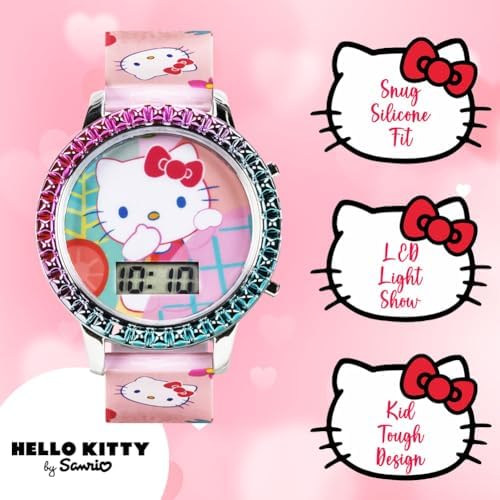 Sanrio Hello Kitty Girls' Digital LCD Quartz Watch with Pink Strap and Colorful Bezel - Fun LED Light Show - Easy to Read Time for Kids - Fits Wrist 5.5"-8"