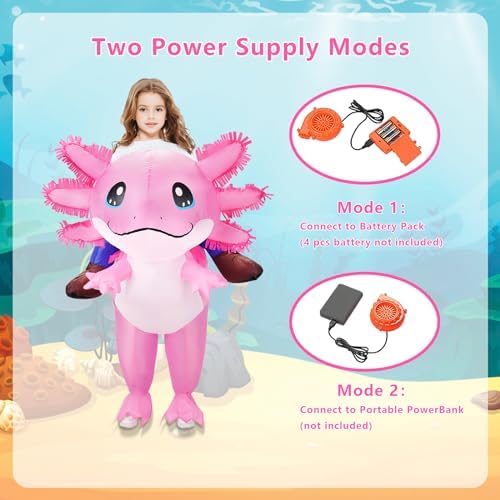 Inflatable Axolotl Costume for Kids Halloween Costumes Kid Blow Up Costume Ride on Axolotl Costumes for Girls Boys Cosplay Party
