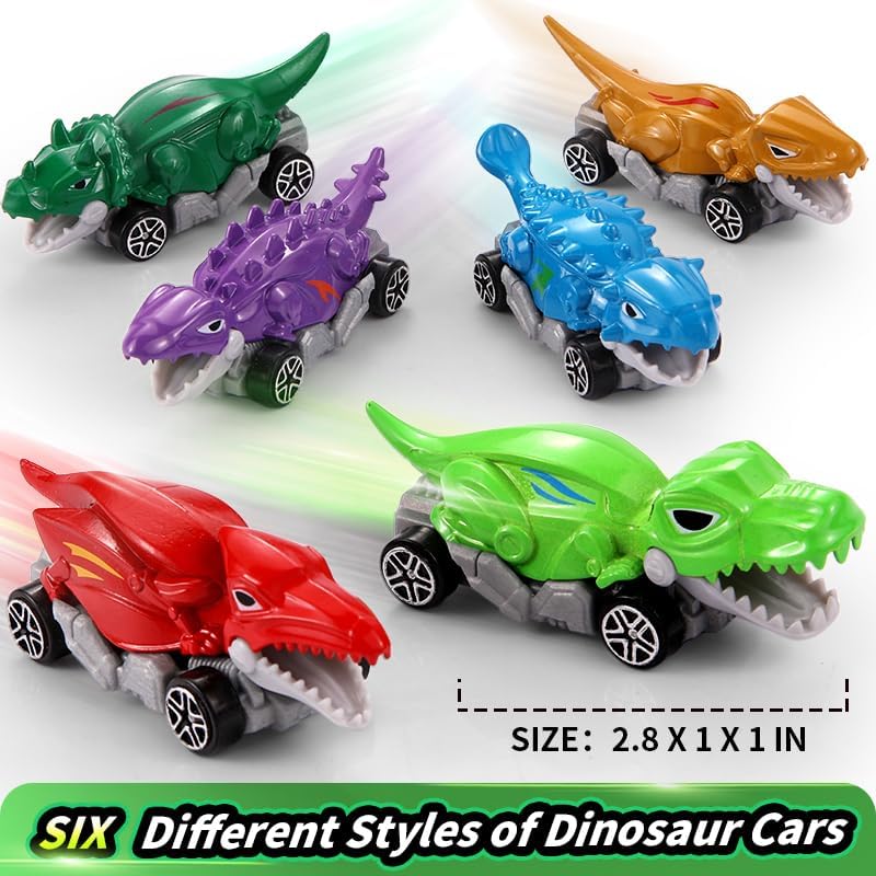Dinosaur Car Toys Set, 6 Pack Metal Dinosaur Vehicles, Kids Toys for Ages 3-5 (6)