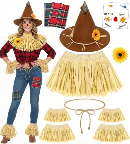 Scarecrow Costume Adult Women, Scarecrow Hat Headband Neck Piece Wrist Leg Ties Face Decals Makeup, Accessories Set for Halloween