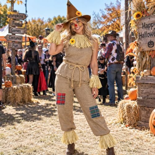 Scarecrow Costume Adult Women, Scarecrow Hat Headband Neck Piece Wrist Leg Ties Face Decals Makeup, Accessories Set for Halloween