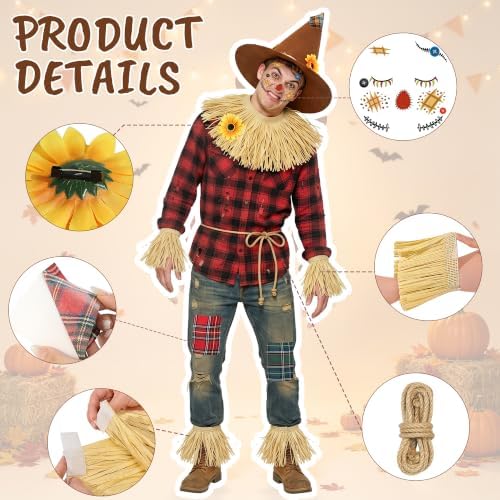 Scarecrow Costume Adult Women, Scarecrow Hat Headband Neck Piece Wrist Leg Ties Face Decals Makeup, Accessories Set for Halloween