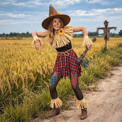 Scarecrow Costume Adult Women, Scarecrow Hat Headband Neck Piece Wrist Leg Ties Face Decals Makeup, Accessories Set for Halloween