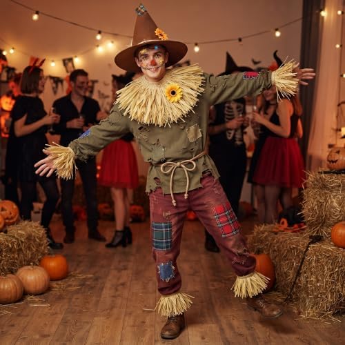 Scarecrow Costume Adult Women, Scarecrow Hat Headband Neck Piece Wrist Leg Ties Face Decals Makeup, Accessories Set for Halloween