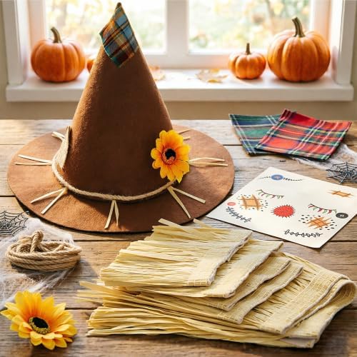 Scarecrow Costume Adult Women, Scarecrow Hat Headband Neck Piece Wrist Leg Ties Face Decals Makeup, Accessories Set for Halloween
