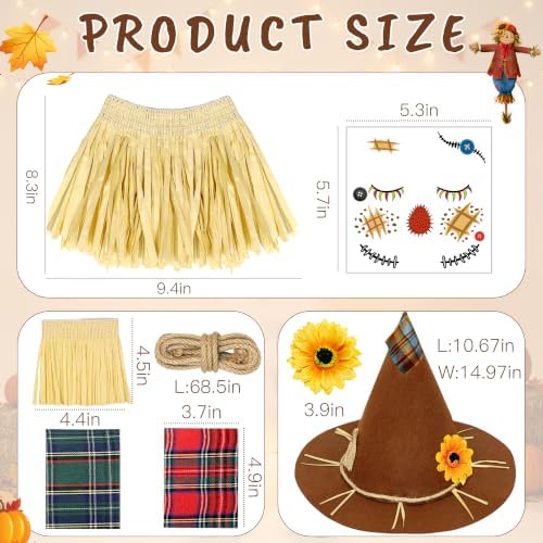 Scarecrow Costume Adult Women, Scarecrow Hat Headband Neck Piece Wrist Leg Ties Face Decals Makeup, Accessories Set for Halloween