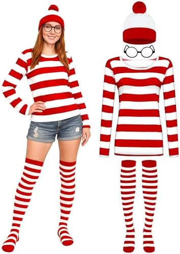 Halloween Costume Sets, Halloween Women Cosplay Red White Striped Shirt Beanie Cap Glasses Socks for Halloween Party