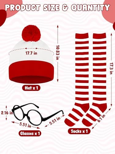 Halloween Costume Sets, Halloween Women Cosplay Red White Striped Shirt Beanie Cap Glasses Socks for Halloween Party
