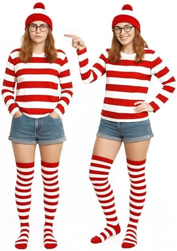 Halloween Costume Sets, Halloween Women Cosplay Red White Striped Shirt Beanie Cap Glasses Socks for Halloween Party