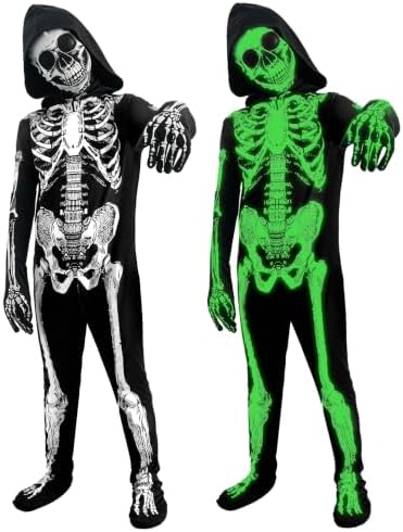 Kids Halloween Glow in the Dark Skeleton Costume Scary Bones Jumpsuit