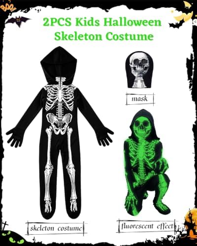 Kids Halloween Glow in the Dark Skeleton Costume Scary Bones Jumpsuit