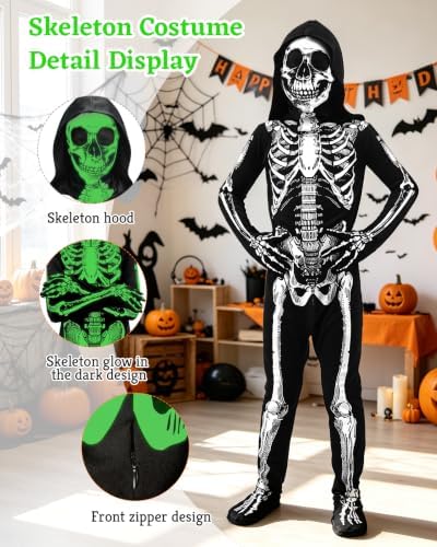 Kids Halloween Glow in the Dark Skeleton Costume Scary Bones Jumpsuit