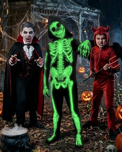 Kids Halloween Glow in the Dark Skeleton Costume Scary Bones Jumpsuit