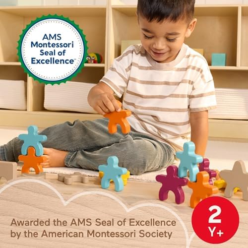 Wood Montessori Toy Stacking Shapes, American Montessori Society Seal of Excellence, 16-Piece Wooden Learning Activity & Expert Play Tips for Kids Ages 2+ Years