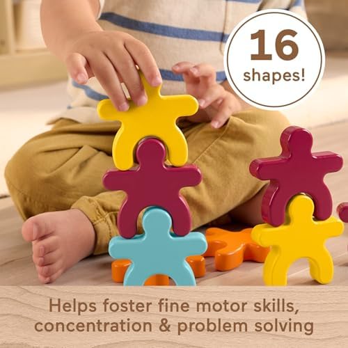 Wood Montessori Toy Stacking Shapes, American Montessori Society Seal of Excellence, 16-Piece Wooden Learning Activity & Expert Play Tips for Kids Ages 2+ Years