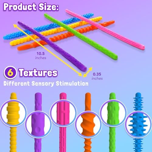 Sensory Fidget Toys for Kids: 6 Pack Textured Silicone Fidget Stick for Stress Anxiety Autistic ADHD, Quiet Desk Fidgets for Classroom, Sensory Toys for Autism, Egg Filler Easter Basket Stuffers