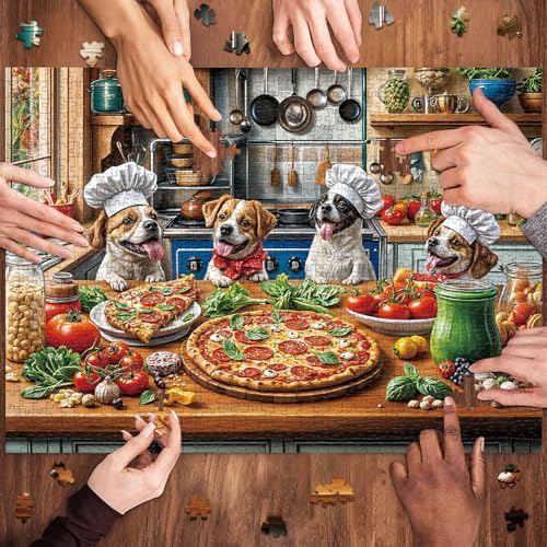 Funny Dog Pizza Jigsaw Puzzle, 1000 Piece Puzzle for Adults, Food Kitchen Puzzles, Animal Pet Lover Challenging Puzzles, Interlock Perfectly No Dust, Gifts for Valentine's Day Easter