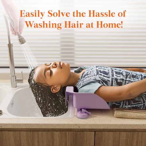 Hair Washing Station for Kids, Neck Support Shampoo Bowl for Kitchen Sink or Bathtub at Home, Portable Hair Wash Basin for Toddlers, Children, Teens, Purple, 10 inch/ 26 cm Wide