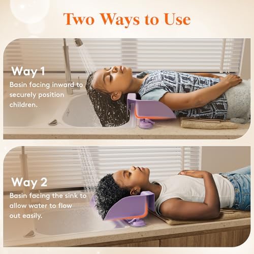Hair Washing Station for Kids, Neck Support Shampoo Bowl for Kitchen Sink or Bathtub at Home, Portable Hair Wash Basin for Toddlers, Children, Teens, Purple, 10 inch/ 26 cm Wide