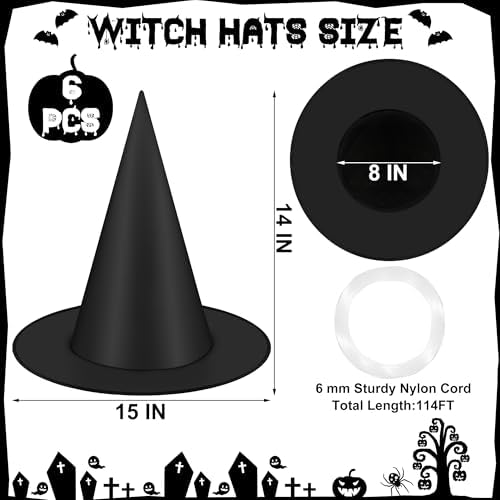 6/9/18Pcs Halloween Witch Hats Decorations, Black Hanging Witch Hats for Halloween Porch Decor, Floating Hat with 115 FT Nylon Cord, Thickened Wizard Hat Bulk for Scary Party Supplies Indoor Outdoor