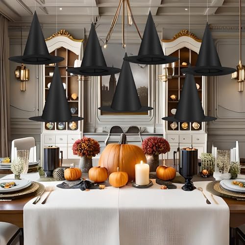 6/9/18Pcs Halloween Witch Hats Decorations, Black Hanging Witch Hats for Halloween Porch Decor, Floating Hat with 115 FT Nylon Cord, Thickened Wizard Hat Bulk for Scary Party Supplies Indoor Outdoor