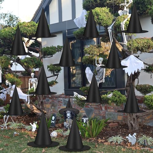 6/9/18Pcs Halloween Witch Hats Decorations, Black Hanging Witch Hats for Halloween Porch Decor, Floating Hat with 115 FT Nylon Cord, Thickened Wizard Hat Bulk for Scary Party Supplies Indoor Outdoor