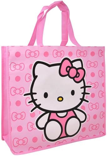 Hello Kitty Large Shopping Tote Bag, Pink with Bow Pattern, Reusable