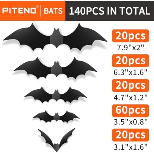 140Pcs Bats Halloween Decorations Party Supplies, Realistic PVC 3D Black Scary Bat Stickers for Creepy Home Decor Halloween Party Decorations DIY Wall Window Decal Bathroom Indoor