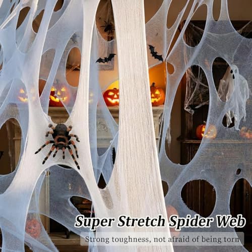 1200 Sqft （After Streched with Holes） Uncut Giant Spider Web Halloween Decorations Outdoor with 10 Ground Nails Stretchy Beef Cloth Netting Cut-Your-Own Flexible Elastic for Yard Party Decor