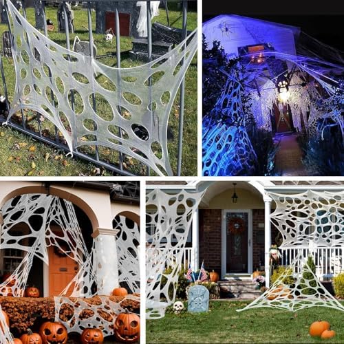 1200 Sqft （After Streched with Holes） Uncut Giant Spider Web Halloween Decorations Outdoor with 10 Ground Nails Stretchy Beef Cloth Netting Cut-Your-Own Flexible Elastic for Yard Party Decor