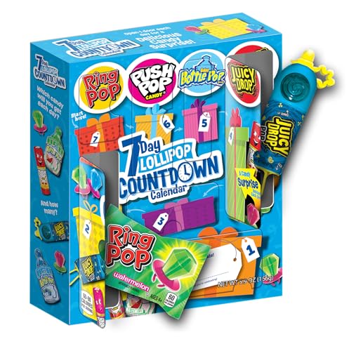Brands 7 Day Valentine's Candy Countdown Calendar, Full-Size Surprise Hard Candy Lollipops, Ring Pop, Push Pop, Baby Bottle Pop, Juicy Drop, Customizable Gift Box for Party Favors, Prizes