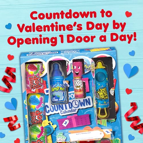 Brands 7 Day Valentine's Candy Countdown Calendar, Full-Size Surprise Hard Candy Lollipops, Ring Pop, Push Pop, Baby Bottle Pop, Juicy Drop, Customizable Gift Box for Party Favors, Prizes