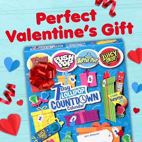 Brands 7 Day Valentine's Candy Countdown Calendar, Full-Size Surprise Hard Candy Lollipops, Ring Pop, Push Pop, Baby Bottle Pop, Juicy Drop, Customizable Gift Box for Party Favors, Prizes