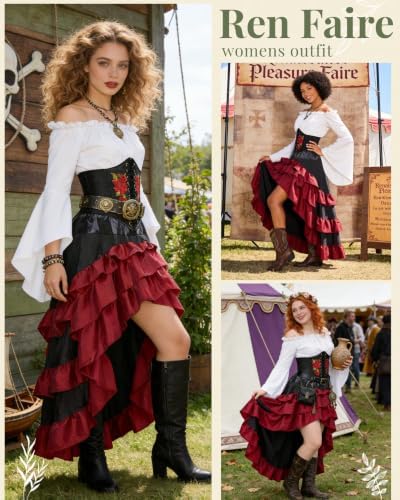 Women's Renaissance Pirate Wench Costume with Corset, Skirt & Blouse