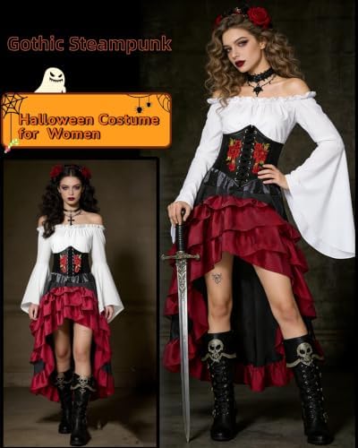 Women's Renaissance Pirate Wench Costume with Corset, Skirt & Blouse