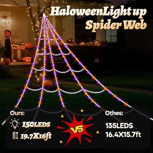 Halloween Light up Spider Web: 16FT 150 LED Large Glow in the Dark Spiderweb Halloween Outdoor Decoration – Giant Lighted Web Decor for House and Yard
