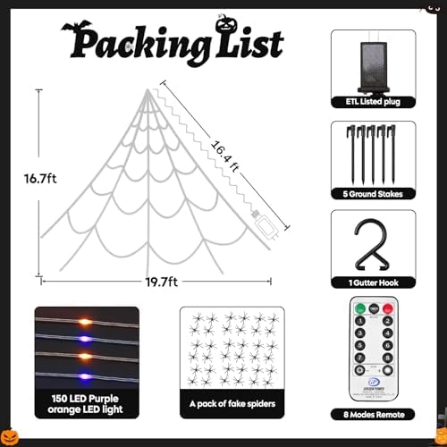 Halloween Light up Spider Web: 16FT 150 LED Large Glow in the Dark Spiderweb Halloween Outdoor Decoration – Giant Lighted Web Decor for House and Yard