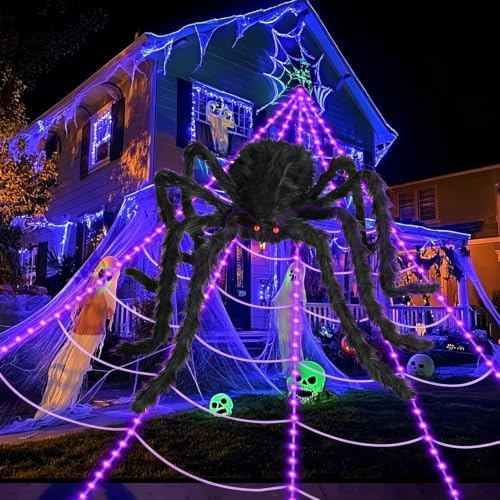 Brighter Spider Webs Halloween Decorations Lights,16.4Ft 8 Modes Giant Spiderweb,250 Purple LED Light Up,with 48'' Giant Spider,Waterproof & Timer,Halloween Decor for Outdoor