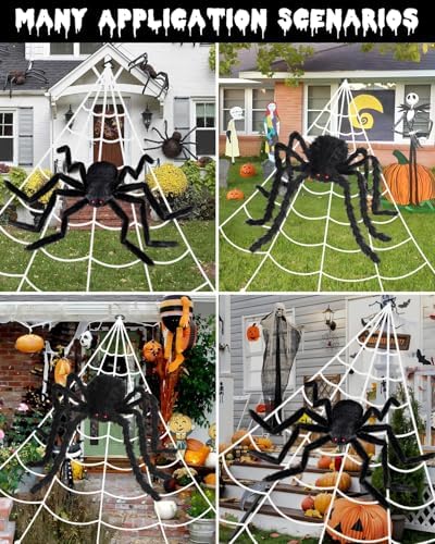 Brighter Spider Webs Halloween Decorations Lights,16.4Ft 8 Modes Giant Spiderweb,250 Purple LED Light Up,with 48'' Giant Spider,Waterproof & Timer,Halloween Decor for Outdoor