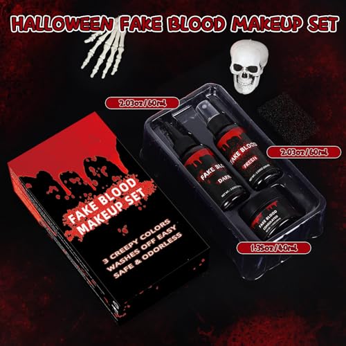 3PCS Halloween Fake Blood Makeup Kit, Fake Blood Dripping 2.03oz + Spray 2.03oz + Coagulated 1.35oz, Realistic Washable Fake Blood for Zombie Monster Mouth Clothes Vampire Cosplay & Dress Up