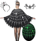 Spider Web Poncho for Women, Glow in the Dark Halloween Dress Cosplay Costume with Headband and Mask Outfit