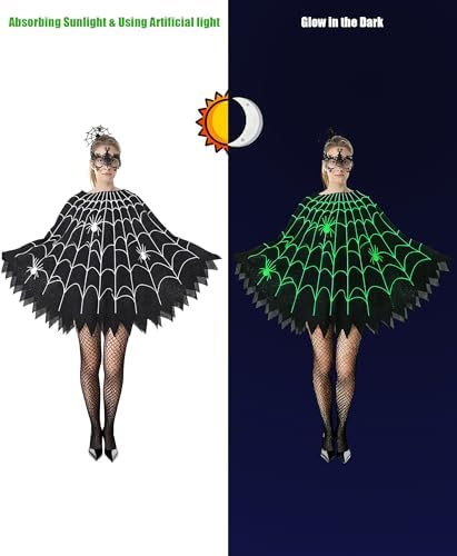 Spider Web Poncho for Women, Glow in the Dark Halloween Dress Cosplay Costume with Headband and Mask Outfit